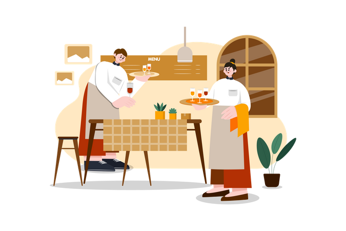 Restaurant staff serving order on table  Illustration