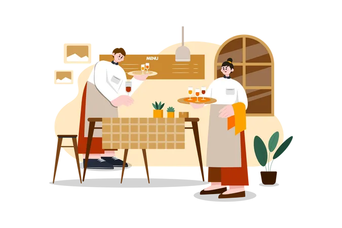 Restaurant staff serving order on table  Illustration