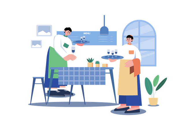 Restaurant staff serving order on table  Illustration