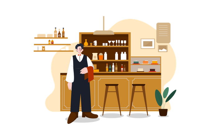 Restaurant staff standing near counter  Illustration