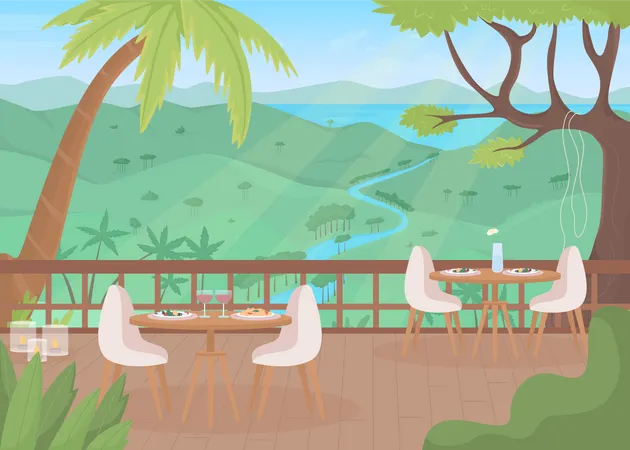 Restaurant Terrasse At Highland Resort Flat Color Vector Illustration Luxury Establishment For Guests Fully Editable 2 D Simple Cartoon Landscape With Jungle And Mountains On Background 일러스트레이션