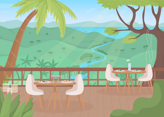 Restaurant terrace at highland resort  Illustration