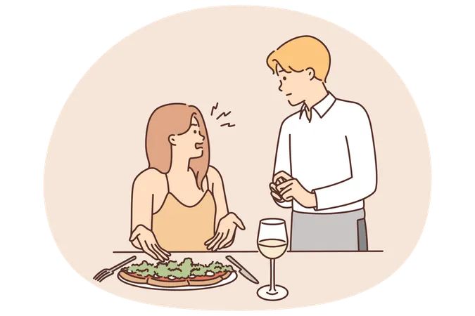 レストランを訪れた女性が、ウェイターに料理の質と味について苦情を言う  イラスト