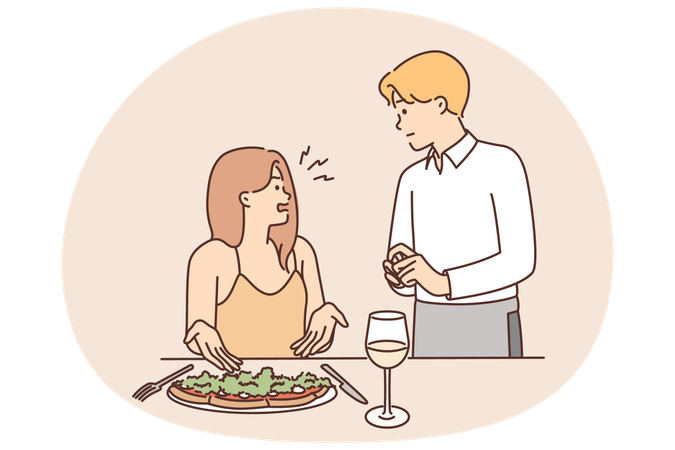 Restaurant visitor woman complains about quality of food and taste of served dish to waiter  Illustration