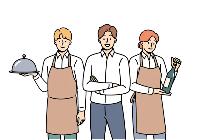 Restaurant Waiters And Administrators Are Ready To Serve Guests Want To Have Lunch Or Dinner Male Manager Of Cafe Or Lounge Bar Trains Waiters To Work In Catering And Horeca Industry Illustration