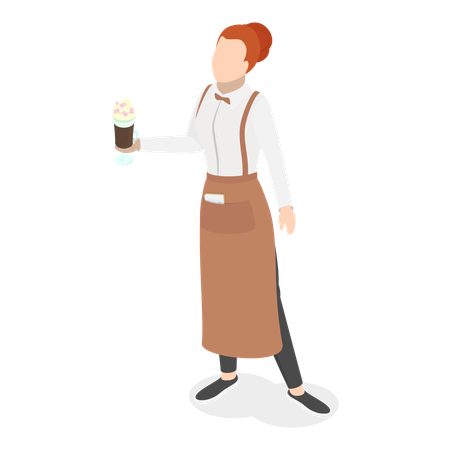 冷たいコーヒーグラスを持つレストランのウェイター  イラスト
