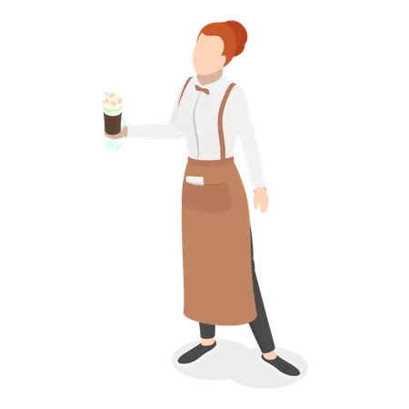 冷たいコーヒーグラスを持つレストランのウェイター  イラスト