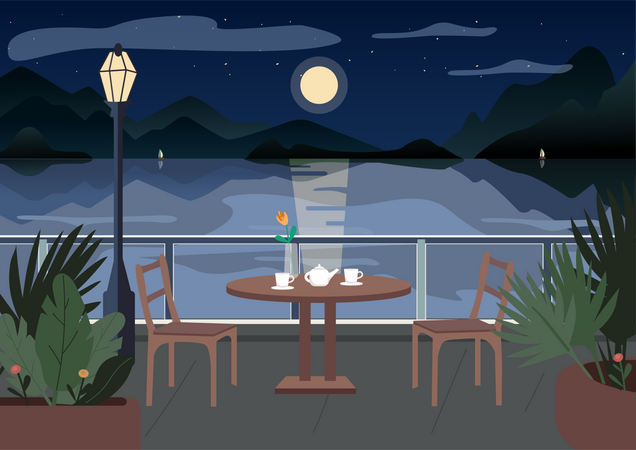 Restaurante callejero por la noche  Ilustración
