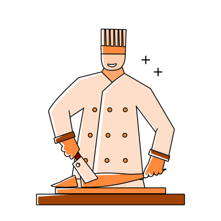 Chef de restaurante cortando pescado  Ilustración