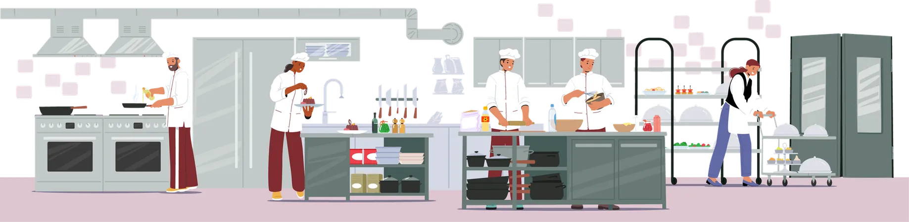 Personal profesional de cocina de restaurante que cocina, prepara platos culinarios y ofrece servicio de catering.  Ilustración