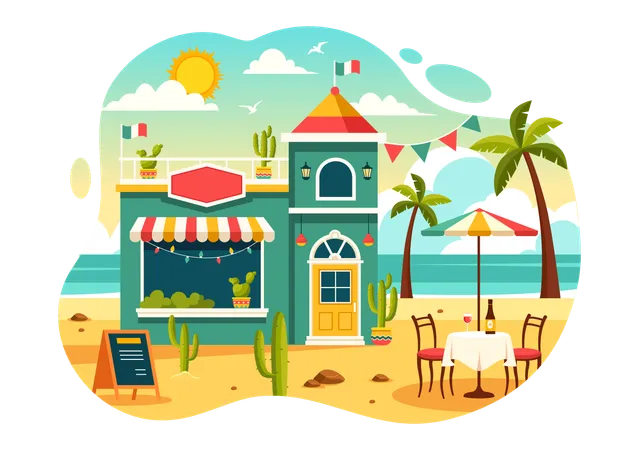 Restaurante de comida mexicana na praia  Ilustração