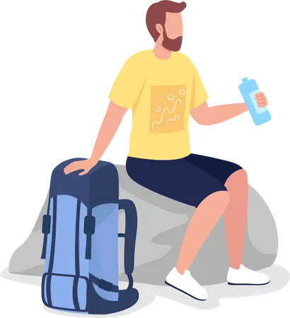 Resting Backpacker Semi Flat Color Vector Character Trekker Figure Full Body Person On White Hiker With Drink Isolated Modern Cartoon Style Illustration For Graphic Design And Animation Illustration