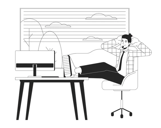 Resting More At Work Black And White Cartoon Flat Illustration Caucasian Male Office Worker Putting Legs On Table 2 D Lineart Character Isolated Quiet Quitting Monochrome Scene Vector Outline Image Illustration