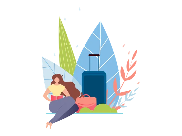 Resting Woman with Baggage in Summer Illustration