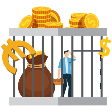 Restricciones financieras con dinero en una jaula  Ilustración