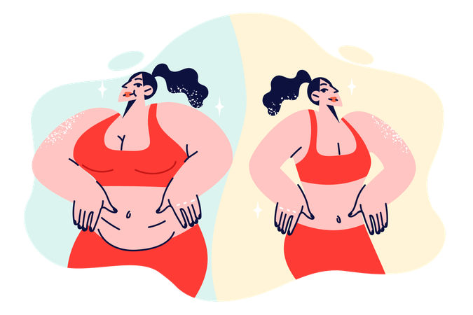 Resultado da perda de peso de mulher gorda que se livrou dos quilos extras graças a dietas e exercícios  Ilustração