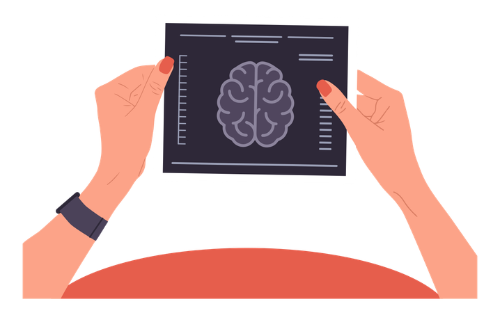 Mano que sostiene el resultado de la resonancia magnética del cerebro  Ilustración