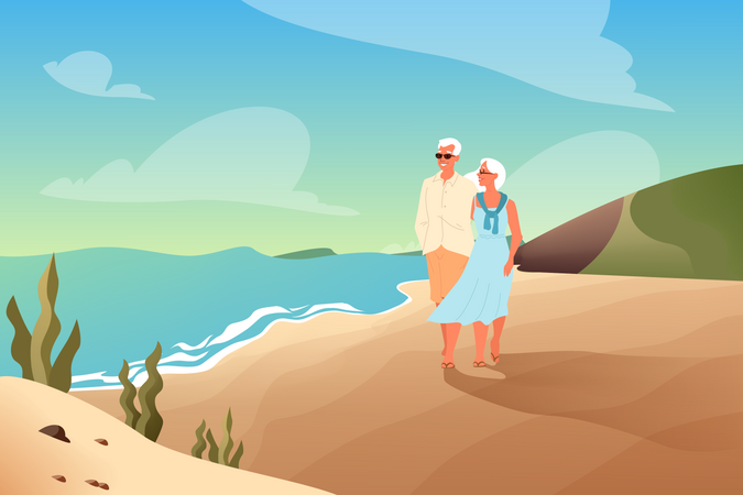 Retired couple on beach  Illustration