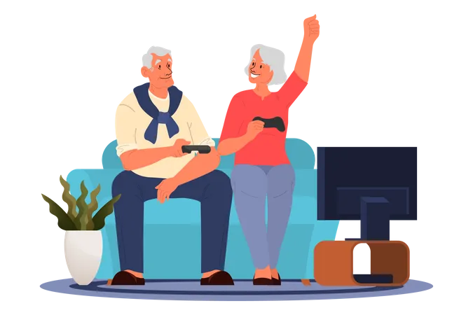 Retired couple playing video game Illustration