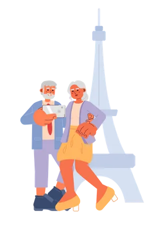 Retired Couple Travel Cartoon Flat Illustration Retiree Pensioners Taking Selfie 2 D Characters Isolated On White Background Vacation Elderly Senior Citizens Eiffel Tower Scene Vector Color Image Illustration