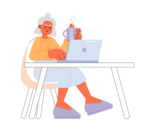 Retired Elderly Woman Typing Laptop Cartoon Flat Illustration Female Senior Freelancer Sitting At Desk 2 D Character Isolated On White Background Drinking Coffee Computer Scene Vector Color Image Illustration