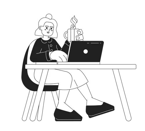 Retired Elderly Woman Typing Laptop Black And White Cartoon Flat Illustration Female Senior Freelancer Sitting At Desk Linear 2 D Character Isolated Drinking Coffee Monochromatic Scene Vector Image Illustration