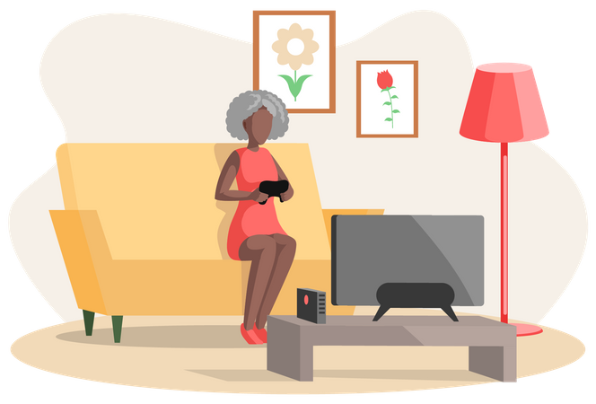 Retired female playing video game Illustration