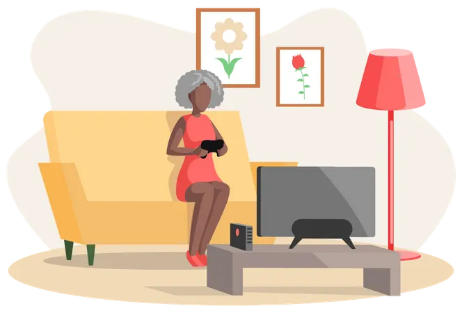 Old Woman Sitting On Couch Plays Video Games On Tv Lady With Gamepad Plays On Console Seniors Have Modern Lifestyle With Gadgets Concept Retired Female Character With Joystick Is Playing Video Game Illustration