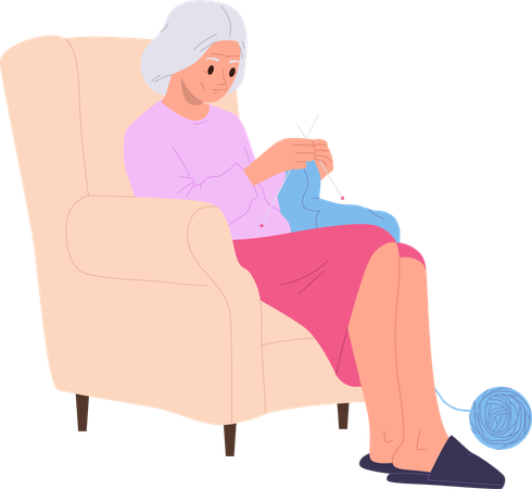 Retired happy elderly woman  knitting and sitting in armchair  Illustration