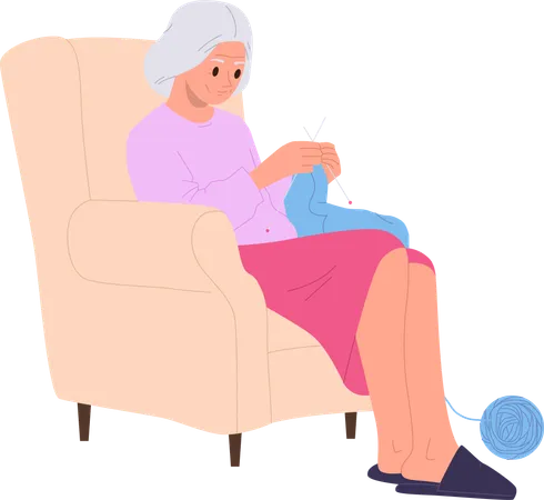 Retired happy elderly woman  knitting and sitting in armchair  Illustration