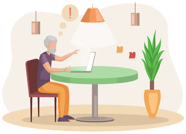 Retired man sitting with computer at home Illustration