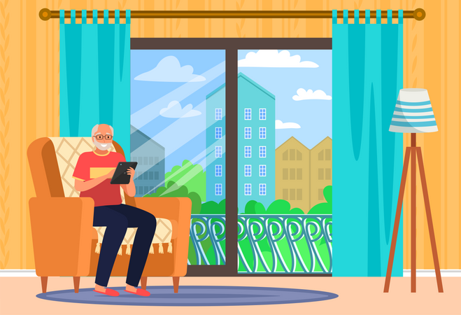 Retired man using smartphone while sitting on sofa  Illustration