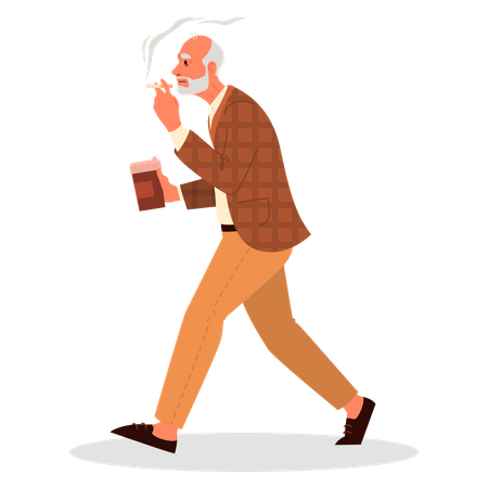 Retired man walking with a cup of coffee Illustration