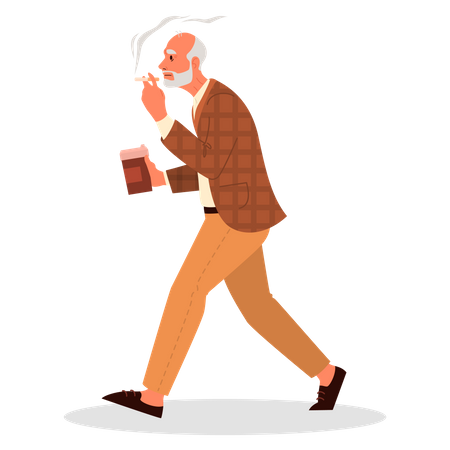 Retired man walking with a cup of coffee  Illustration