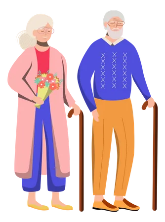 Retired People Flat Vector Illustration Senior Age Family With Walking Stick Old Couple Spends Time Together Elderly Woman With Flowers Pensioners Cartoon Isolated Characters On White Background Illustration