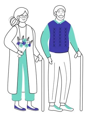 Retired People Flat Vector Illustration Senior Age Family With Walking Stick Old Couple Elderly Woman With Flowers Pensioners Isolated Cartoon Characters With Outline Elements On White Background Illustration