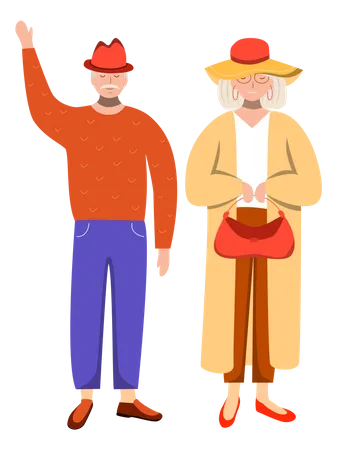 Retired People Flat Vector Illustration Senior Age Family Elderly Man Waving Old Couple In Outerwear Pensioners Isolated Cartoon Character On White Background Illustration