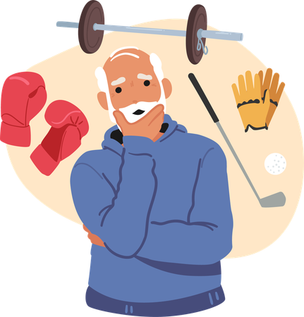 Retired senior man cartoon character selecting sport training hobby for health and body care  Illustration