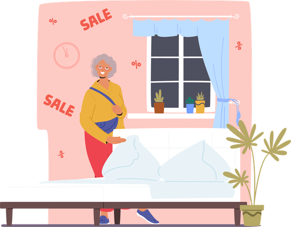 Retired senior woman customer  selecting new bed for home bedroom at store  Illustration