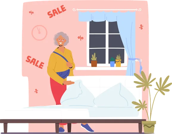 Retired senior woman customer  selecting new bed for home bedroom at store  Illustration