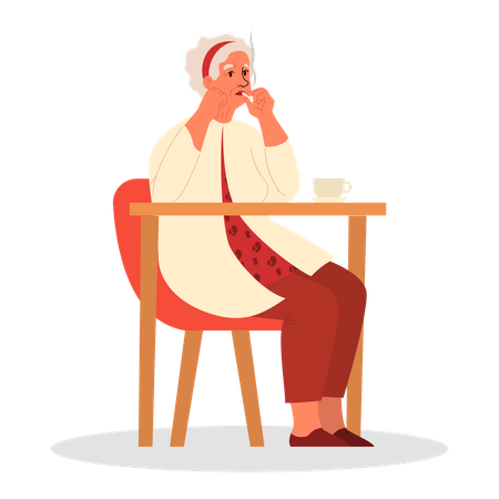 Retired woman sitting in armchair and smoking Illustration