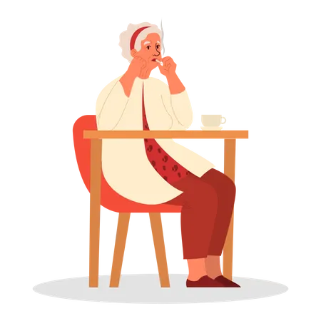 Retired woman sitting in armchair and smoking  Illustration