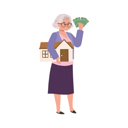 Retirement And Financial Security Concept Wealthy Elderly Woman With House And Currency Fan Illustration