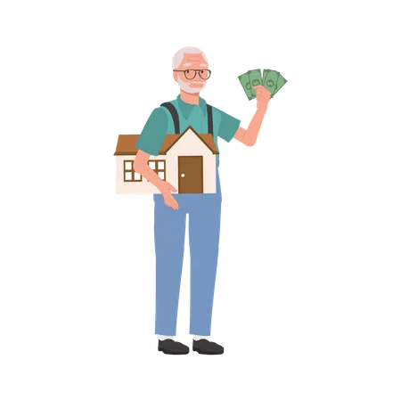 Retirement And Financial Security Concept Wealthy Elderly Man With House And Currency Fan Illustration