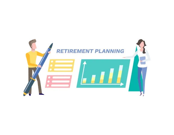 Retirement Planing Card Decorated By Chart With Arrows Man Holding Pen And Woman Financial Management Guidance And Pension Fund Currency Vector Illustration