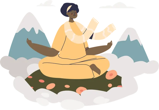 Meditacion En Las Montanas La Mujer Practica Yoga Al Aire Libre Meditando Y Calmandose Mujer Joven Sentada En Posicion Zen Concepto De Bienestar Y Bienestar Ilustracion De Vector Plano De Dibujos Animados Ilustración