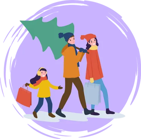 Famille rentrant à la maison avec un arbre de Noël  Illustration