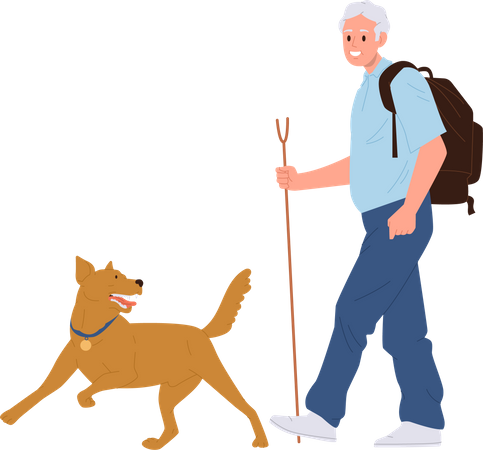 Heureux vieil homme routard marchant chien appréciant l'activité de randonnée en plein air  Illustration