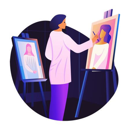 Retratando um artista pintando em tela  Ilustração
