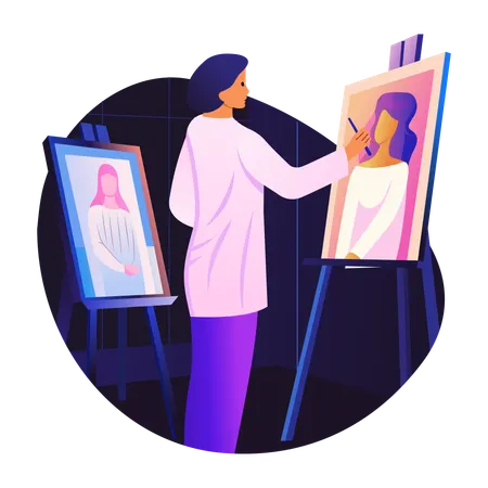 Retratando um artista pintando em tela  Ilustração
